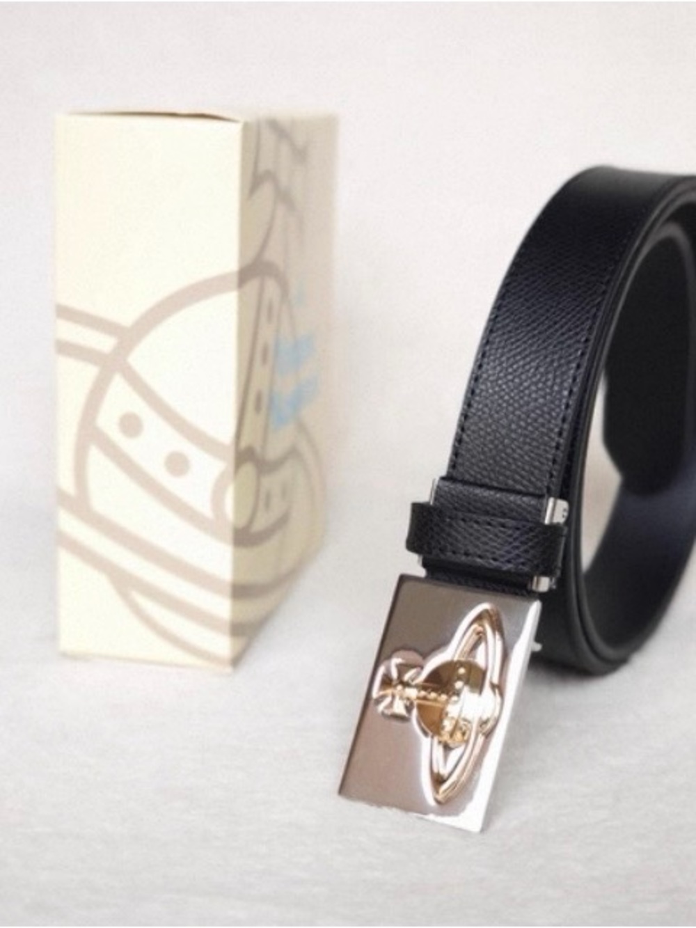 Vivienne Westwood NWB Black Leather Belt with Gold Orb on Silver Plaque
